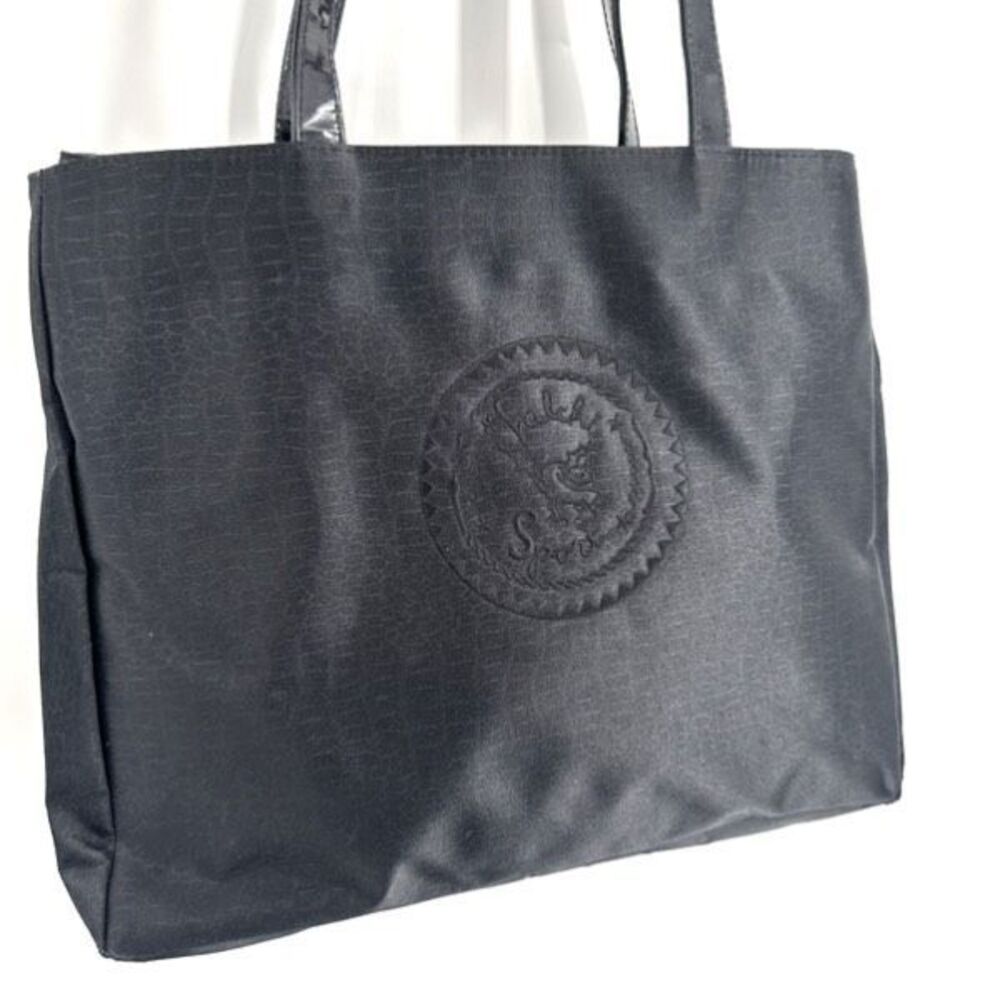 Falchi Sport‎ Black Shoulder Tote Bag Logo Smooth Canvas Patent Leather Straps
